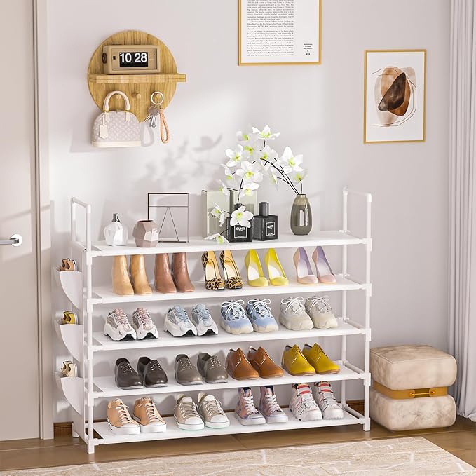 OYREL 5 Tier Shoe Organizer, 33.3in Wide x 11.2in Deep x 35.6in Tall, Black Metal and Plastic Shoe Rack with Side Bag, Holds 