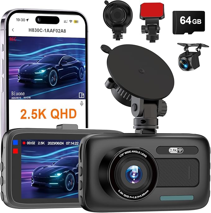 Dash Cam Front and Rear, 2.5K Dual Dash Camera W/ 64GB Card,3" IPS Screen Dash Cam Built-in 5G WiFi, Car Camera with G-Sensor