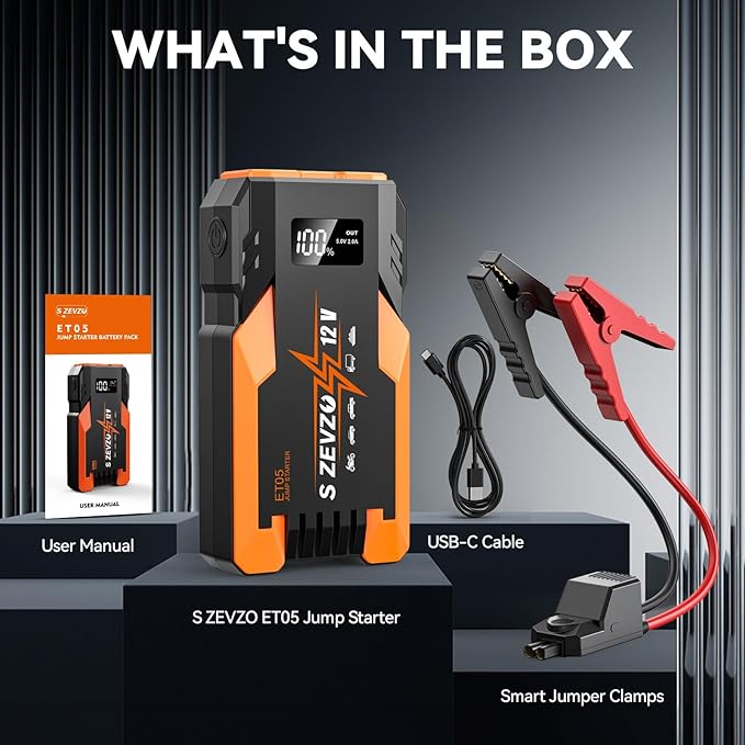 S ZEVZO ET05 Jump Starter 3000A Portable Car Jump Starter Battery Pack (7.2L Gas/ 5.5L Diesel), 51.8Wh 12V Jump Box with USB