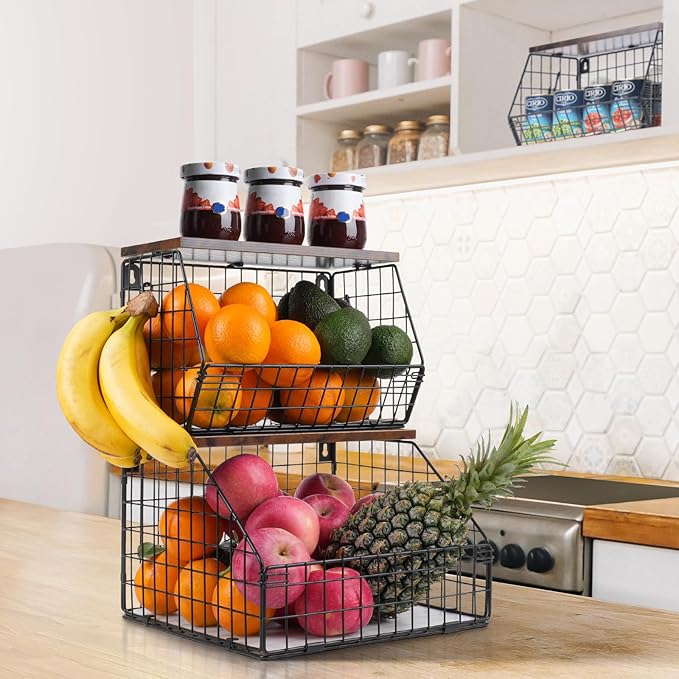Mefirt Fruit Basket, Stackable Wall Mounted Fruit Baskets, Potato Baskets Onion Storage for Kitchen, Hanging Wire Basket with