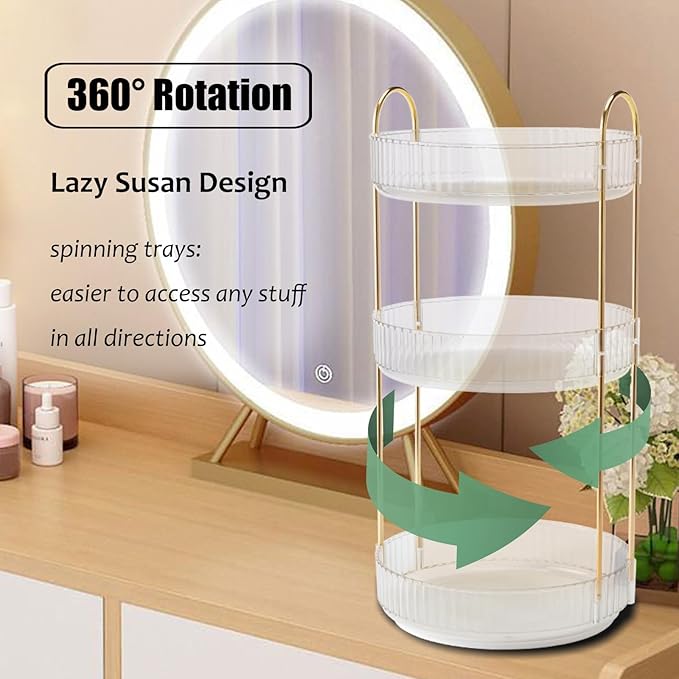 Rotating Makeup Organizer Countertop 3 Tier Lazy Susan Trays Clear Skincare Perfume Storage for Bathroom Counter Vanity, Tran