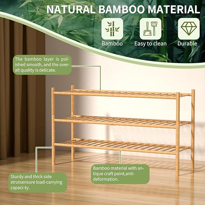 ROMGUAR CRAFT 3-Tier Bamboo Long Shoe Rack, Free Standing Wood Shoe Shelf Storage Organizer for Closet Entryway Stackable 35"