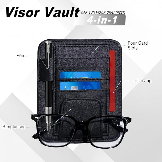 2 PCS Car Sun Visor Organizer, Sunvisor Organizers with Sunglass Holder & Card Sleeve Pocket, Leather Car Sunglass Holder for Most Vehicle of Trucks, SUVs, Black