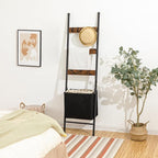 HOOBRO Blanket Ladder with Basket, 17.3”L x 63.4”H, Towel Rack with Hooks, Blanket Holder Rack, Decorative Ladder Shelf, Dryi