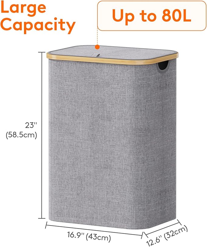 Lifewit 80L Laundry Basket with Lid, Clothes Hampers for Laundry with Bamboo Handles and 1 Removable Bag, Large Foldable Laun