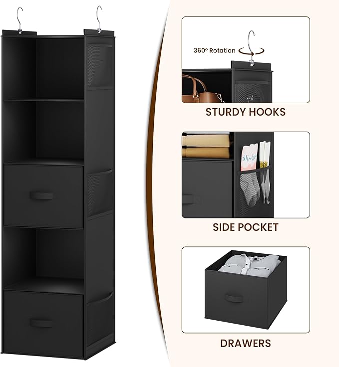 YOUDENOVA Hanging Closet Organizer, 5 Tier Hanging Closet Shelves with 6 Side Pockets and 2 Drawers, Black