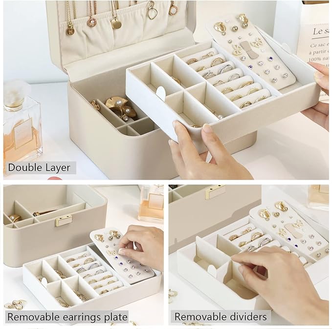 KAMIER Jewelry Organizer,2 Layer Jewelry Organizer Box for Earrings Bracelets Rings Necklaces,Luxury Leather & Soft Velvet Li