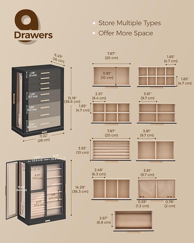 Glimmloop 360° Rotating Jewelry Box with 9 Drawers, Spacious Vertical Jewelry Organizer with Glass Window, Jewelry Storage Ca
