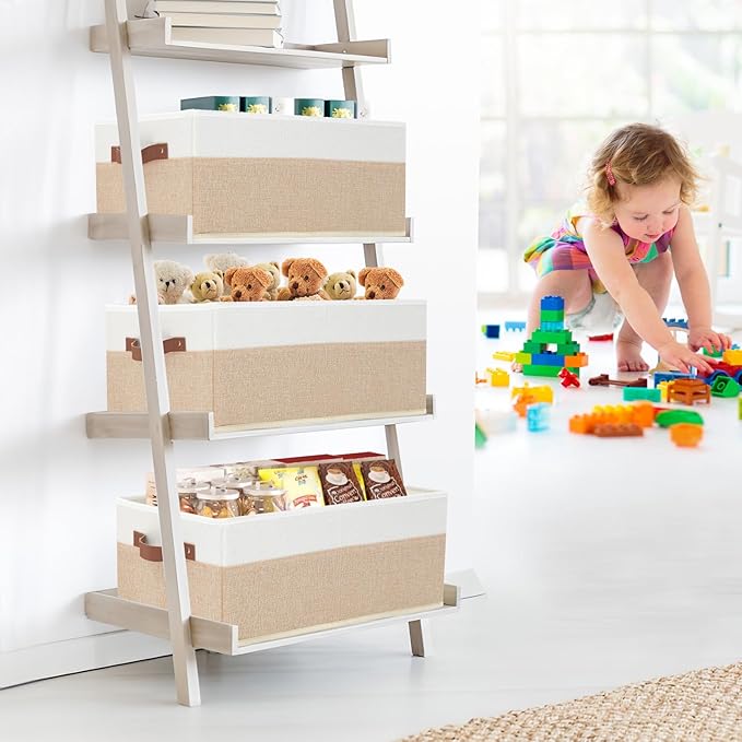 Closet Organizer Bins 3 Pack, Large Storage Bins for Shelves, Foldable Closet Storage Boxes Baskets with Leather Handles for 