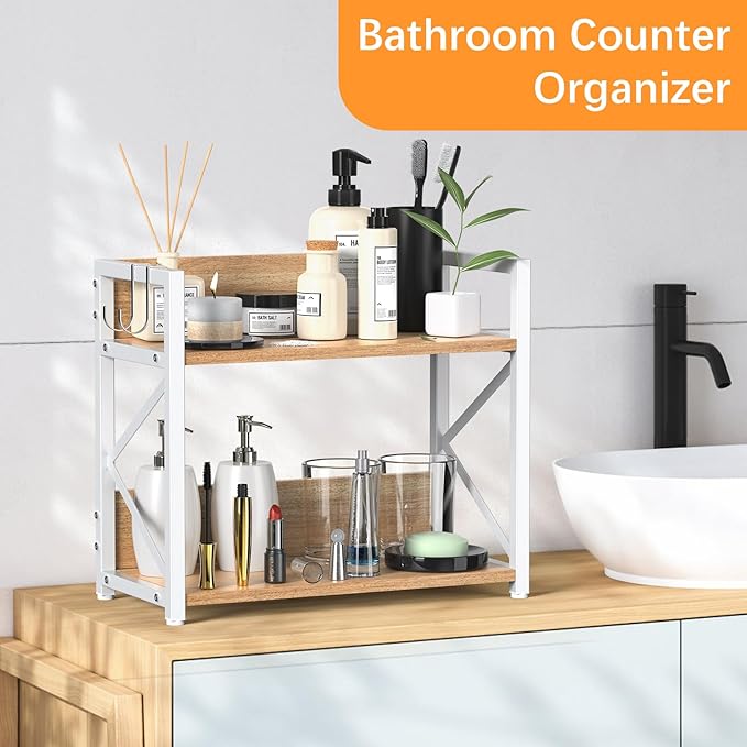 RUILALIFE Kitchen-Countertop-Organizer-Shelf, 2 Tier Coffee Bar Station Organizer for Counter,Wooden Spice Rack Shelf, Space 