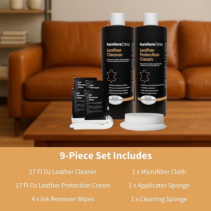 Furniture Clinic Large Leather Care Kit | Leather Cleaner + Conditioning Protection Cream for Furniture | Two 17oz Bottles + 