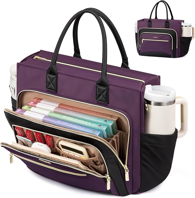 LOVEVOOK Teacher Tote Bag for Women,Laptop bag with Large Cup Holder,Work bag with Accordion File Organizer Pocket,Multi-Pock
