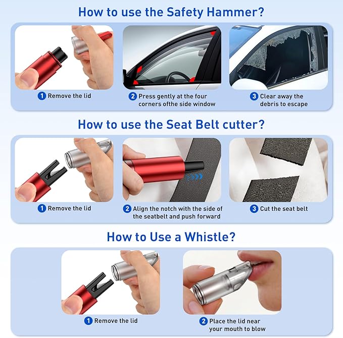 3 in 1 Car Safety Hammer Seatbelt Cutter and Survival Whistle, Safe Transparent Lid Window Breaker Seatbelt Cutter Underwater