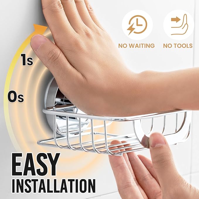 LEVERLOC Soap Holder Shower with Hooks, Bar Suction Cup Soap Dish Tray for Wall, Rust-Proof Stainless Steel Sponge Caddy for 