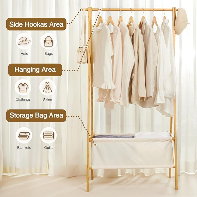 Cozivolife Bamboo Clothes Rack with Storage Box, Garment Holder Clothing Stand for Hanging Coat, Foldable Wardrobe Organizer 