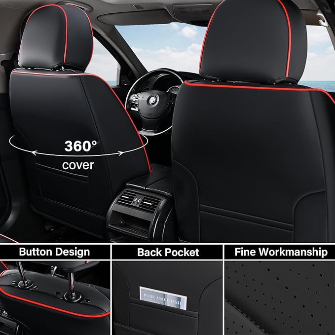 Coverado Car Seat Covers Full Set, Nappa Leather Seat Covers for Car, Waterproof Car Seat Protector with Lumbar Support, Auto