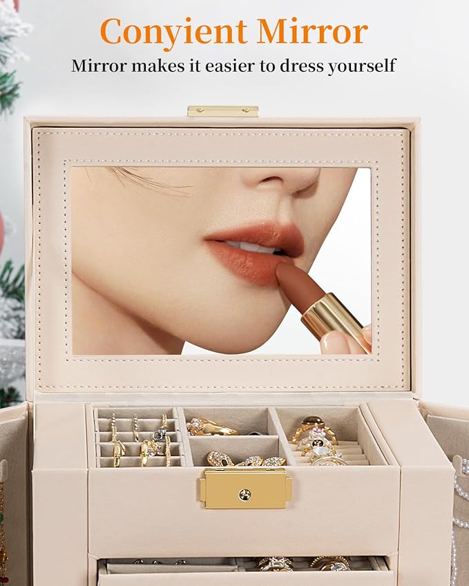 TORIBIO Large Jewelry Box for Women, Leather Jewelry Organizer with Mirror & Lock, 6-Tier Jewelry Storage Case for Girls/Wome