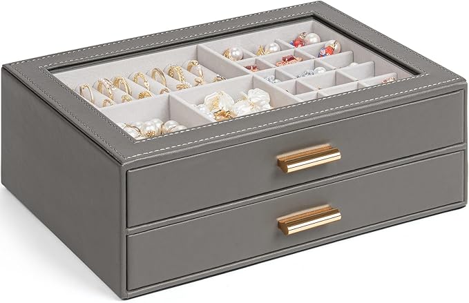 AKOZLIN Jewelry Box with Clear Lid Functional Leather Jewelry Storage Organizer Case 2 Drawers for Women Girls Necklace Ring 