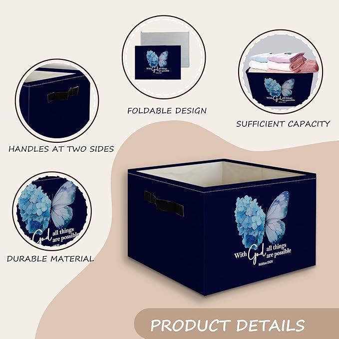 Navy Blue Christian Butterfly Foldable Storage Bins Box with Handles, With God All Things Are Possible Bible Verse Collapsibl