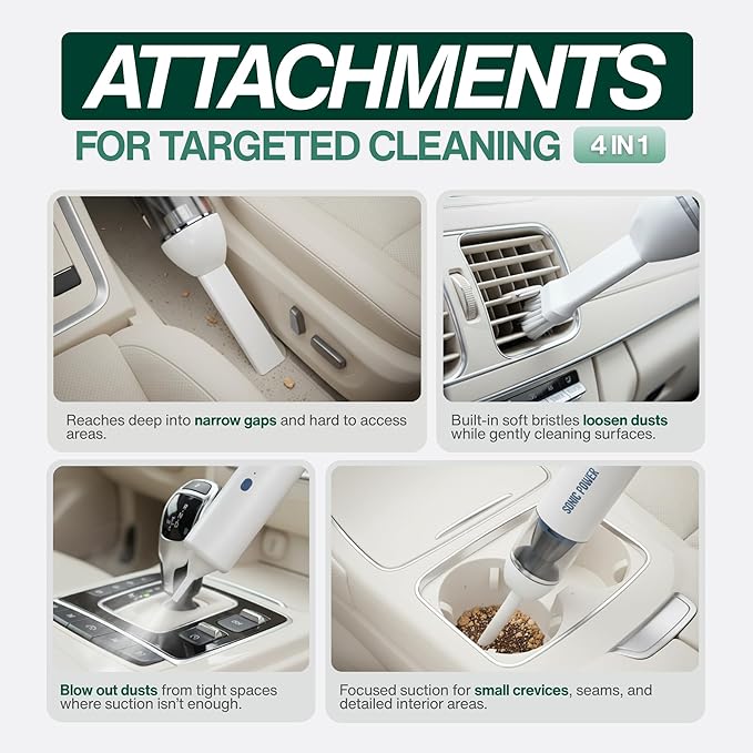 Portable Cordless Car Vacuum, 15000Pa High Suction Handheld Vacuum Cleaner, 2-in-1 Vacuum & Blower, with 4 Attachments & Port