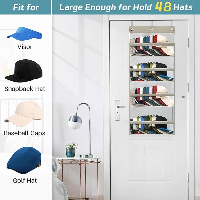 AOODA Clear Over the Door Hat Racks for Baseball Caps, Hold 48 Caps Hat Storage Organizer for Closet Wall, Deep Pockets Hangi