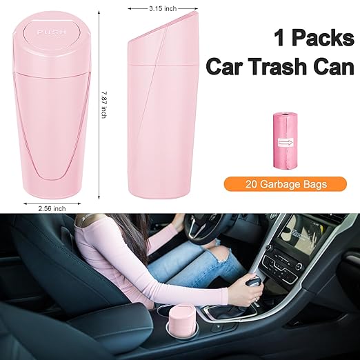 Car Trash Can, Mini Car Trash Bin with Lid, Leakproof Cup Holder Car Garbage Can with 20 Trash Bags, Vehicle Front Back Seat Organizers and Storage for Car, Home, Office, Pink