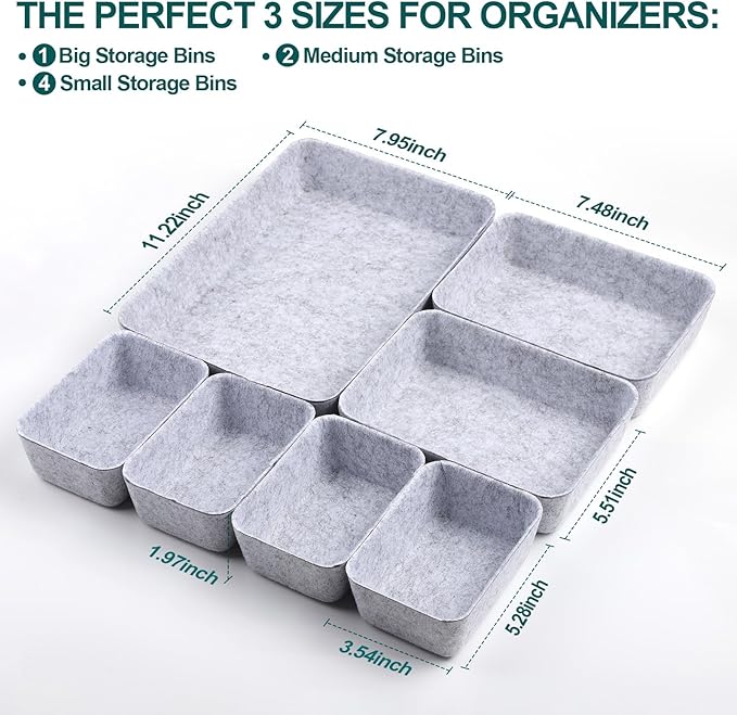 HNYYZL Desk Drawer Organizer,7 Pack Felt Drawer Organizer Shallow Drawer Organizers Felt Storage Bins (Light Gray)