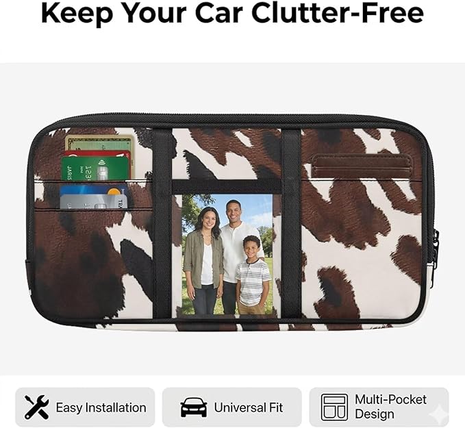 Brown Cow Print Car Sun Visor Organizer with Card Holder Sun Visor Organizer Easy to Store and Install Universal Size Fit for Most Cars SUV
