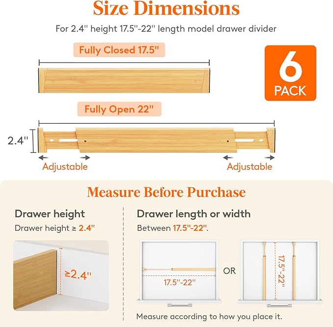 Lifewit 2.4" High 6 Pack Bamboo Drawer Dividers 45-55cm/17.5-22" Adjustable Wooden Drawer Organizer for Clothes/Utensils, Exp