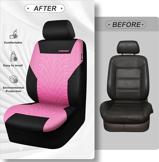 CAR PASS Car Seat Covers Two Front Only for Car, 3D Tyre Print Automotive Interior Covers, Airbag Compatible, Quick Setup Uni