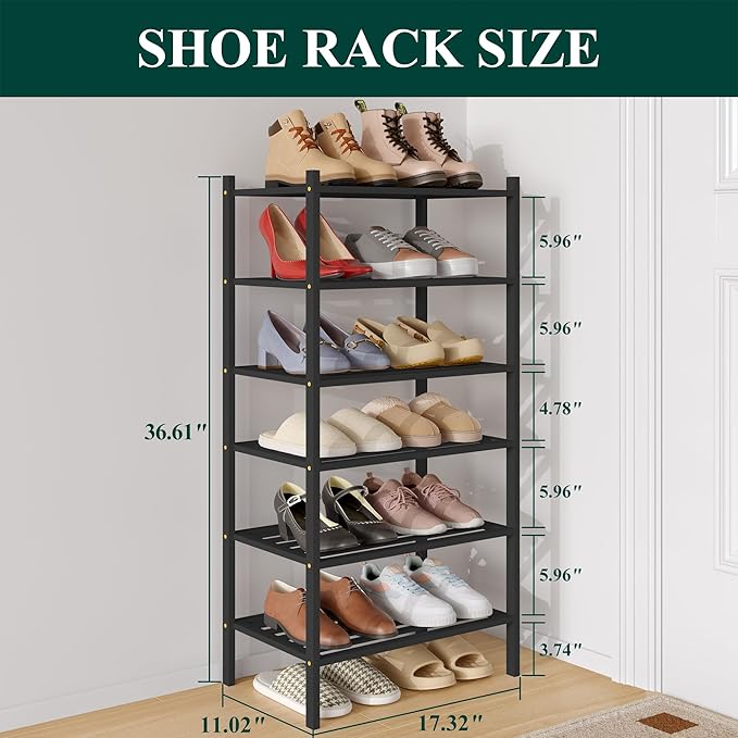 Smiry Small Bamboo Shoe Rack 6-Tier, Stackable Wooden Shoe Organizer for Entryway & Closet, Free Standing Wood Shoe Storage S