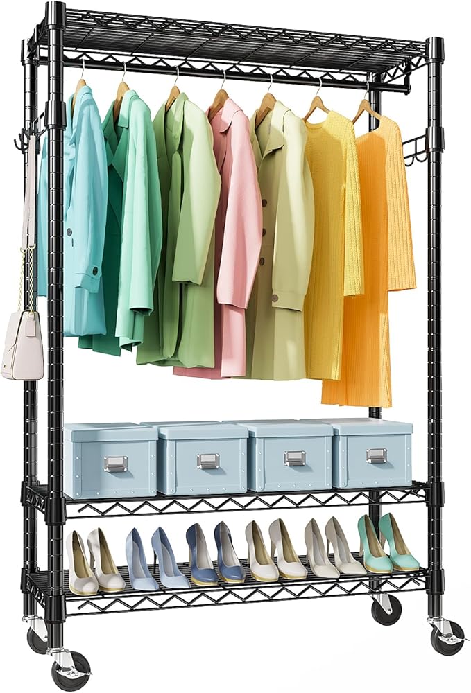 M MZG Heavy Duty Rolling Garment Rack 3 Tiers Adjustable Wire Shelving Clothes Rack with Rods and Side Hooks,Storage Closet C