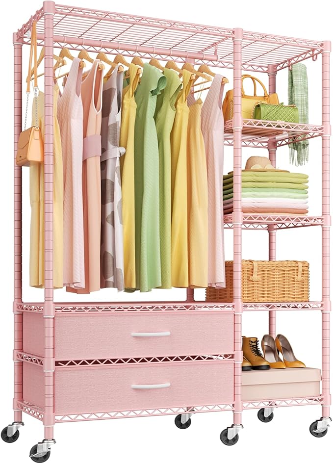 Ulif F3R Heavy Duty Clothes Rack（With Lockable Wheels）Freestanding Clothing Racks for Hanging Clothes，Adjustable Closet Organ