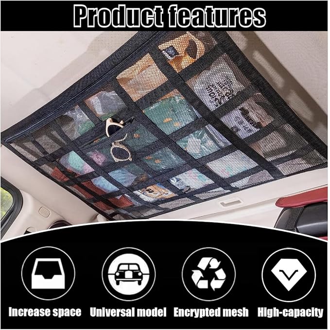 Car Ceiling Cargo Net Pocket, 30" x 21.2", Droop Less Car Storage Organizer, Strengthen Load Bearing Double Layer Mesh Organizer, SUV, Trucks, Camping, Road Trip Essentials