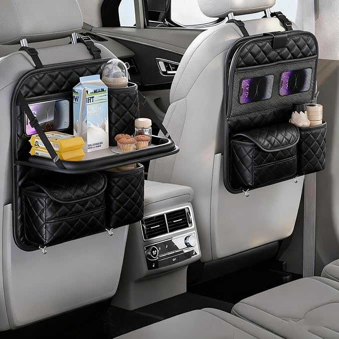 Leather Car Backseat Organizer with Foldable Table Tray, Hanging Car Storage Bag with Tablet Holder, Car Seat Back Protectors Kick Mats Travel Accessories (1)