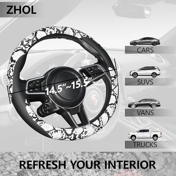 ZHOL Snake Skin Steering Wheel Cover Leather 14.5-15 Inch, Reversible Car Steering Wheel Cover for Women Men, Anti-Slip Desig