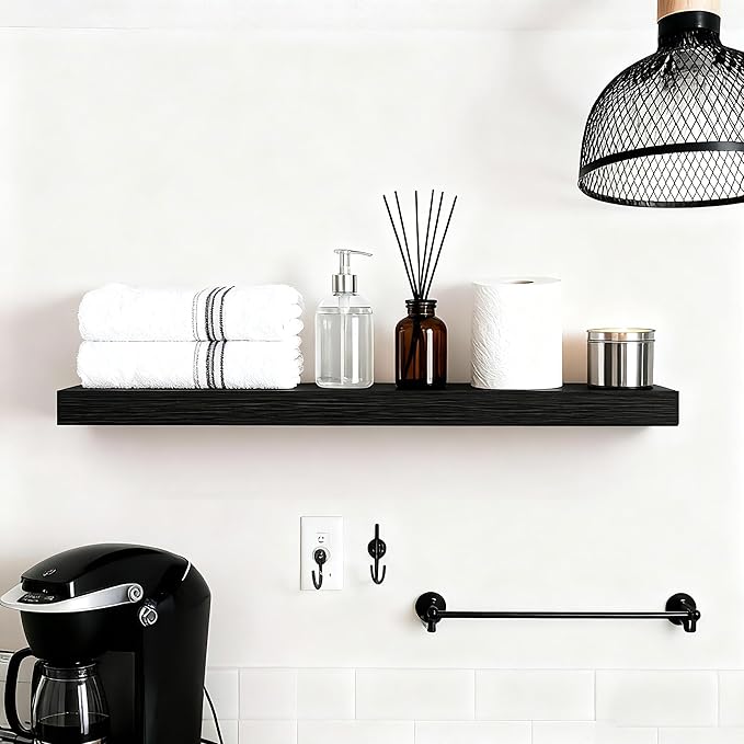 Set of 3 Farmhouse Solid Wood Floating Shelves 15.7 inch Black Wall Mounted Storage Shelves for Bathroom Over Toilet, Bedroom