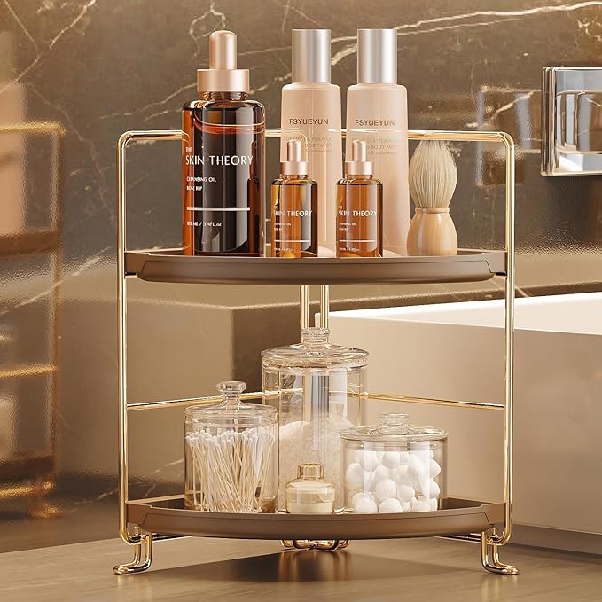 FSyueyun 2-Tier Corner Bathroom Counter Organizer, Tool-Less Installation Corner Vanity Organizer Small Plastics Countertop M