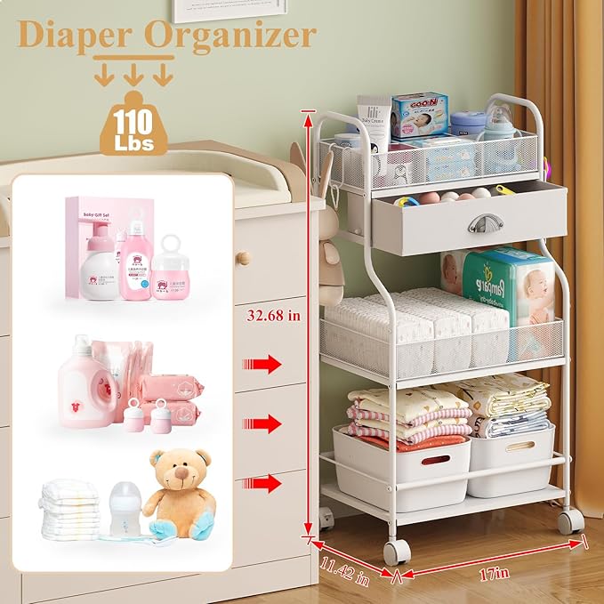 Baby Diaper Caddy Cart Organizer -3 Tier, Bedside Nursery Essentials Organizer & Storage Holder for Newborn Baby Stuff, 2+1 D