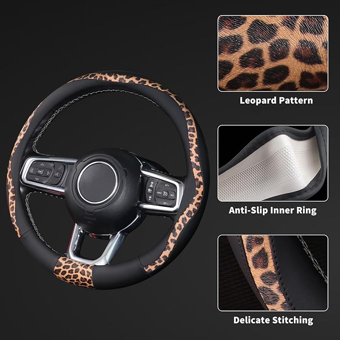 Leopard Steering Wheel Cover, Breathable Microfiber Leather Universal 14.5-15 inch for Most Automotive Steering Wheel Cheetah