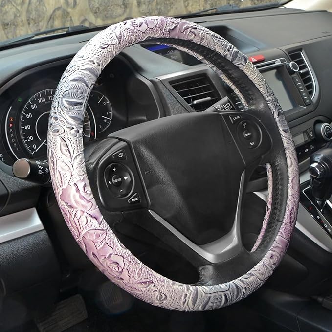 Car Steering Wheel Cover Universal 15 Inch Middle Size Auto Anti-Slip Leather Wheel Protector with Flower Grain Design White Style