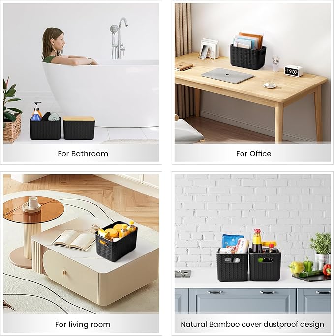 Ohmlove 4 Packs Storage Bins with Bamboo Lids - Plastic Storage Containers with Lids Stackable Storage Box: Storages Baskets 