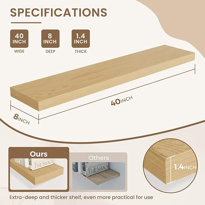 Dreamland Deep Floating Shelves, 8" Deep Long Shelves Set of 2, 40 Inches Floating Shelf for Wall,Large Display & Storage She