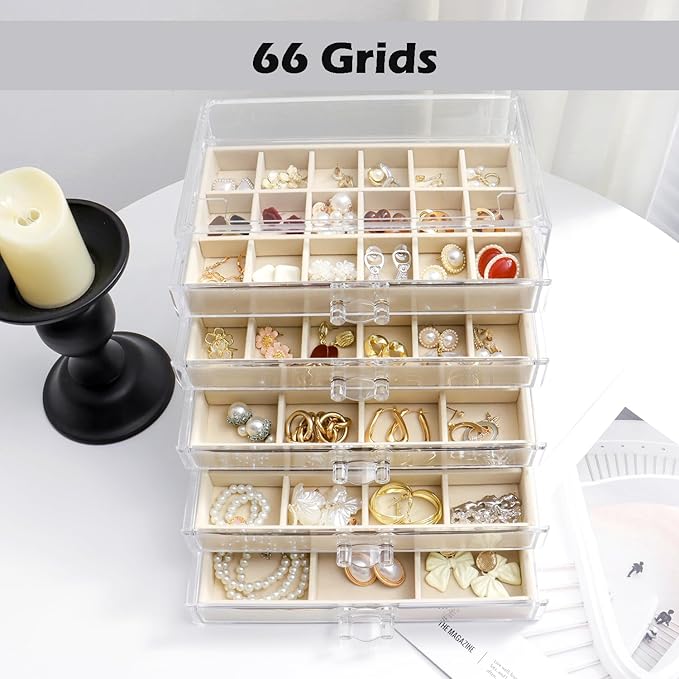 YUFONG Jewelry Organizer with 5 Drawers Clear Acrylic Earring Display Case Velvet Jewelry Storage Box Display Holder for Earr