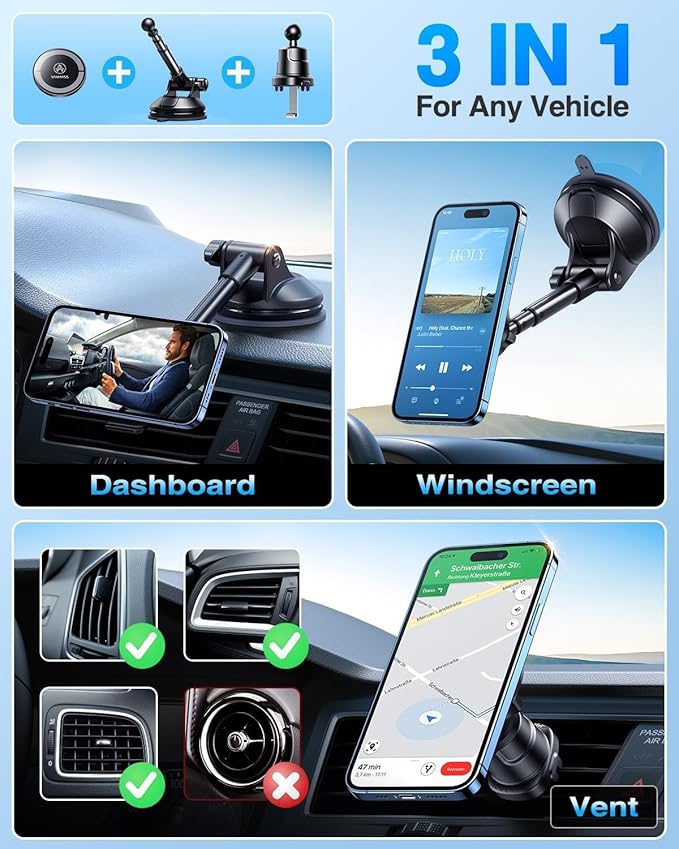 【Military-Grade】VANMASS for MagSafe Car Mount【Upgraded Strongest Magnetic&Suction】Phone Holder Cell Stand for Dashboard Windshield Vent, Tesla Truck Cradle for iPhone 17 Pro Max 16 15 14 13 12 Android