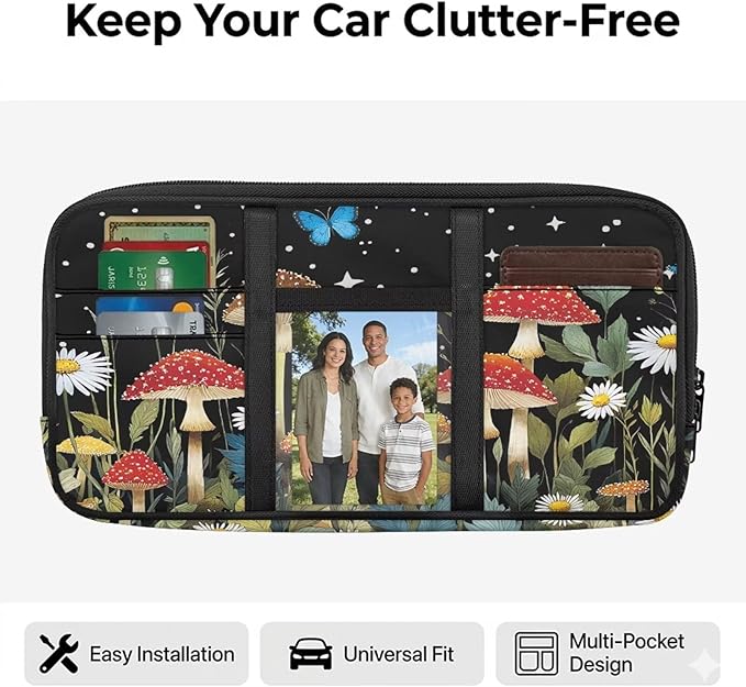 Mushroom Theme Sun Visor Organizer for Trucks,Card Sleeve Pocket with Multi-Pocket Zipper, Auto Interior Accessories Pocket Organizer