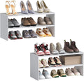 2 Pack Expandable White Shoe Rack Organizer for Closet, 2-Tier Stackable Shoe Storage Shelf, Small Iron Wood Combination Shoe