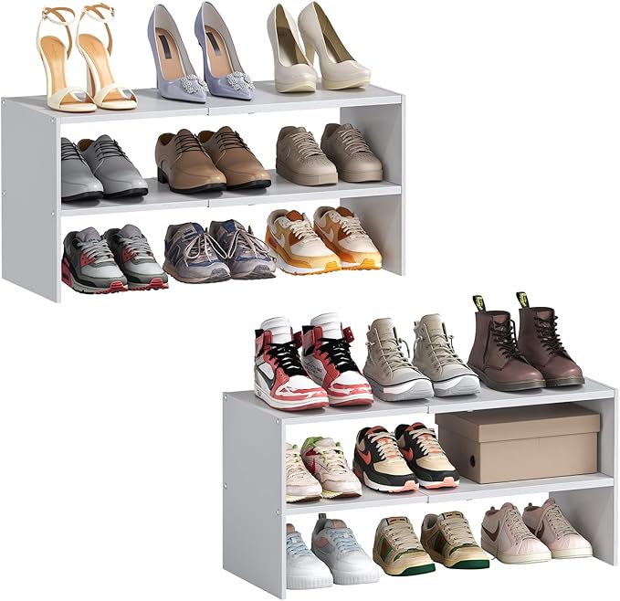 2 Pack Expandable White Shoe Rack Organizer for Closet, 2-Tier Stackable Shoe Storage Shelf, Small Iron Wood Combination Shoe