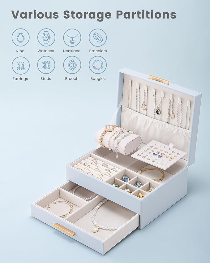 Lolalet 2-Layer Jewelry Box Organizer for Women Girls, Jewelry Storage Case Holder with Drawers for Necklaces Ring Earrings B