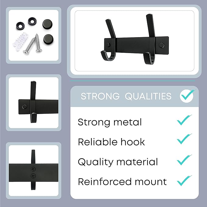 Matte Black Small Coat Rack Wall Mount – 6 Inch Stainless Steel Hook Rail with 2 Double Coat Hooks – Wall Mounted Entryway Or